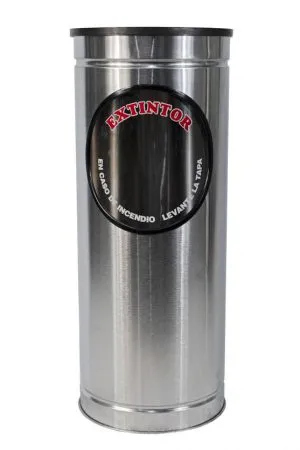 PORTAEXTINTOR CILINDRICO DE ACERO INOXIDABLE, ACABDO EN ESPEJO, PARA EXTINTOR DE 4.5 A 9.0 KG